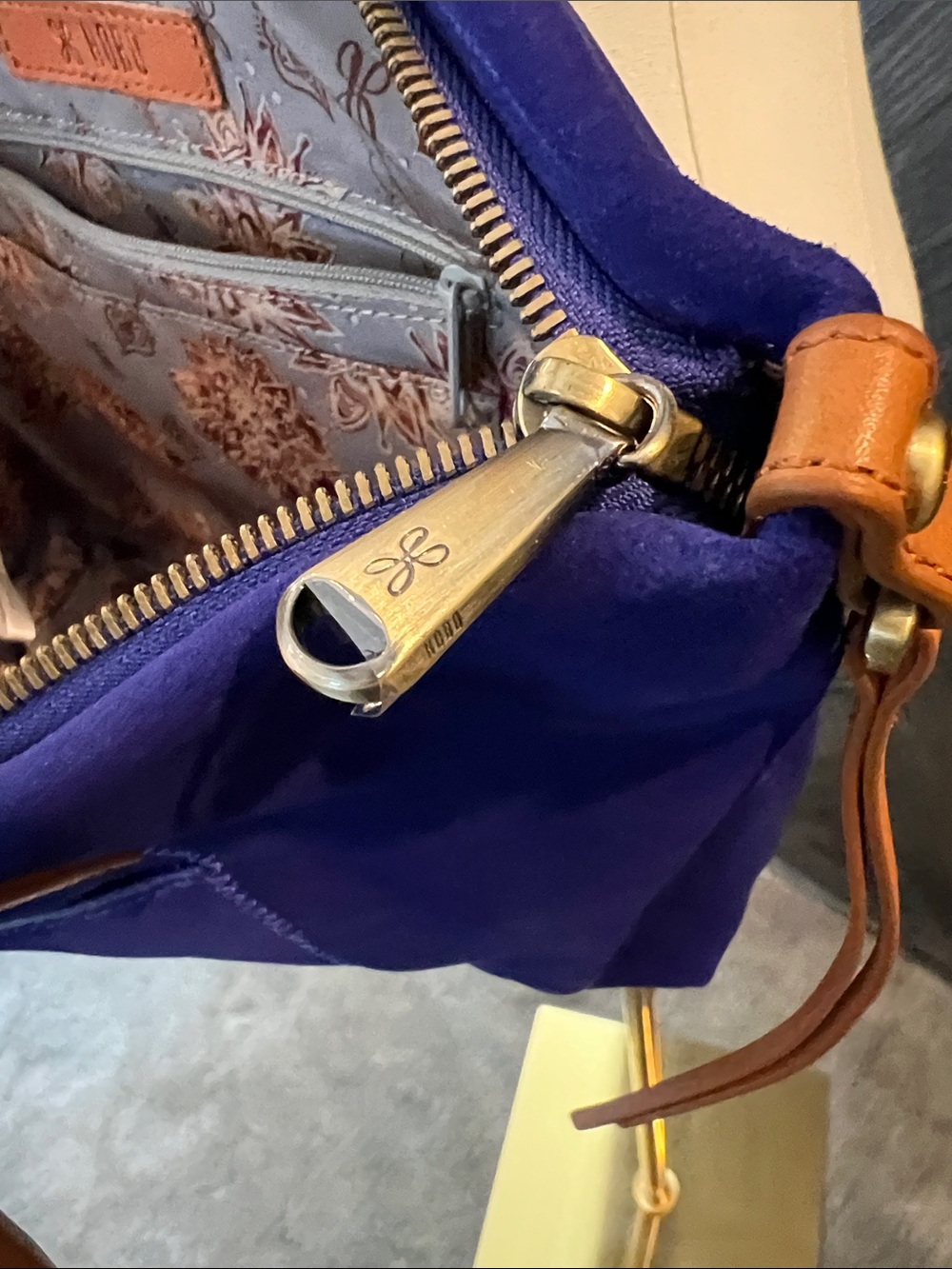 HOBO Cobalt Suede Shoulder Bag with Tan Leather Straps - Picture 4 of 4